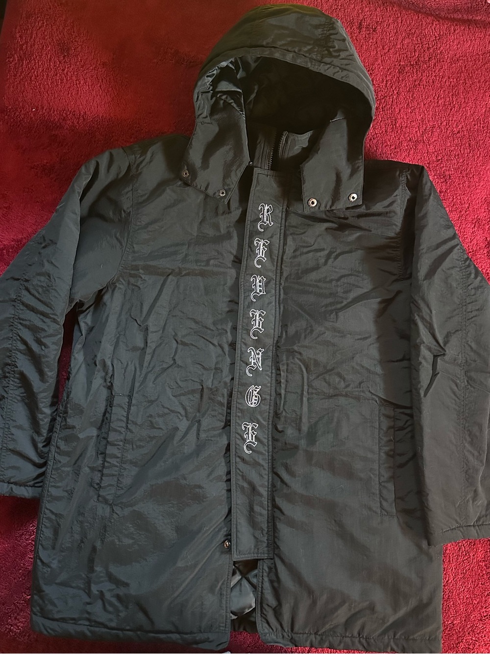 Revenge Clothing Angel Parka in Black with White Embroidery, Removable Zip Hood